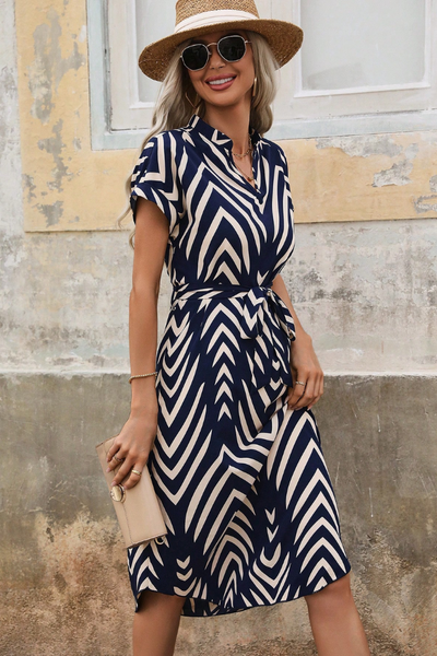 Elegant Striped Dress with V-Neck and Belt