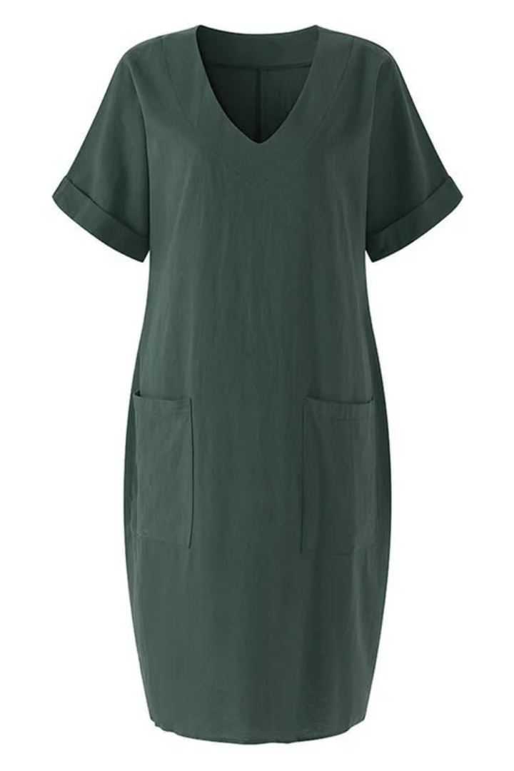 Relaxed Mini Dress with V-Neck and Pockets