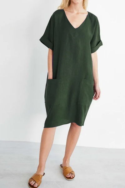 Relaxed Mini Dress with V-Neck and Pockets