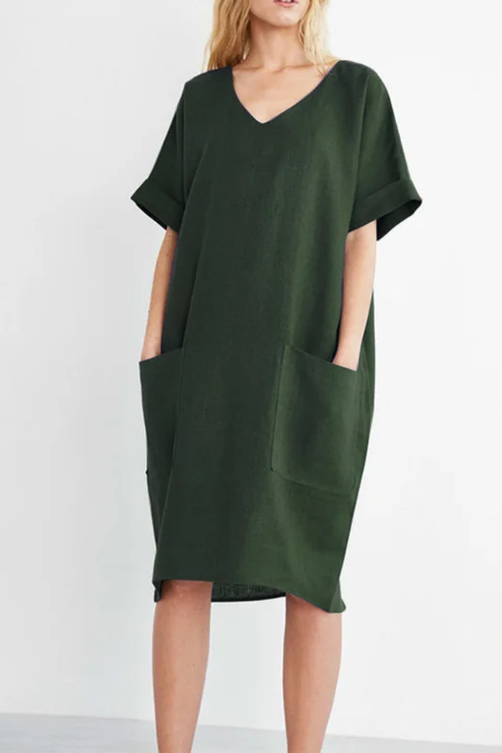 Relaxed Mini Dress with V-Neck and Pockets