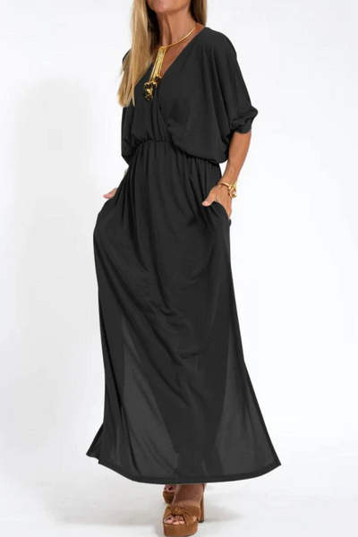V-Neck Dress with High Waist and Side Slit