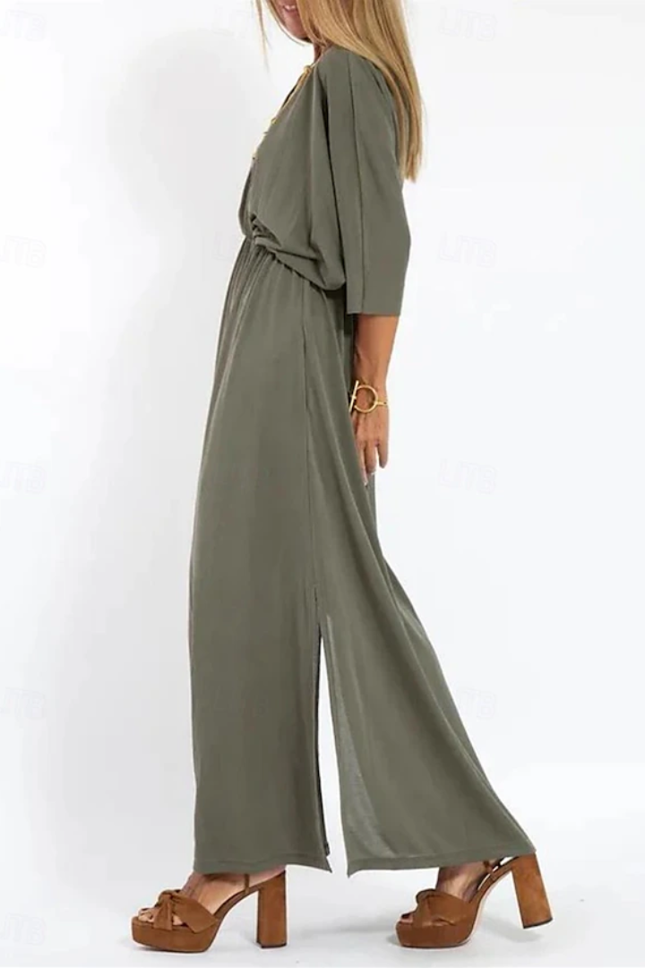 V-Neck Dress with High Waist and Side Slit