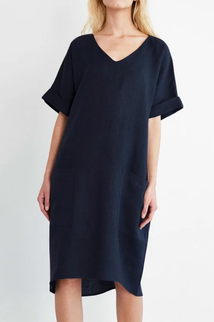 Relaxed Mini Dress with V-Neck and Pockets