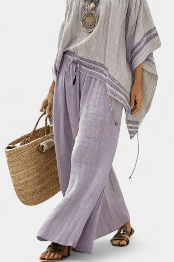 Complete bamboo linen outfit with off-shoulder top and wide-leg trousers for an elegant and fresh style