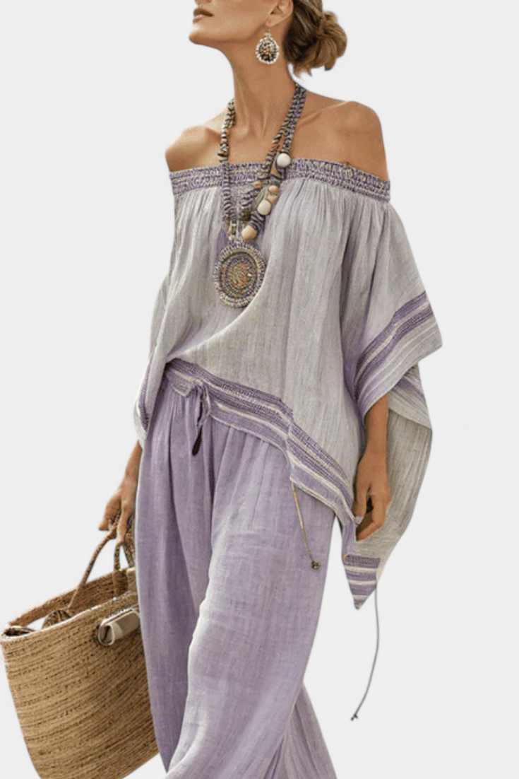 Complete bamboo linen outfit with off-shoulder top and wide-leg trousers for an elegant and fresh style