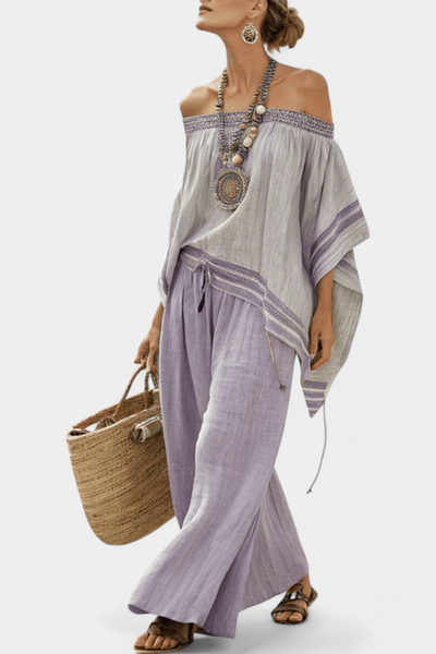 Complete bamboo linen outfit with off-shoulder top and wide-leg trousers for an elegant and fresh style