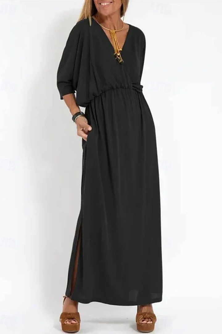 V-Neck Dress with High Waist and Side Slit