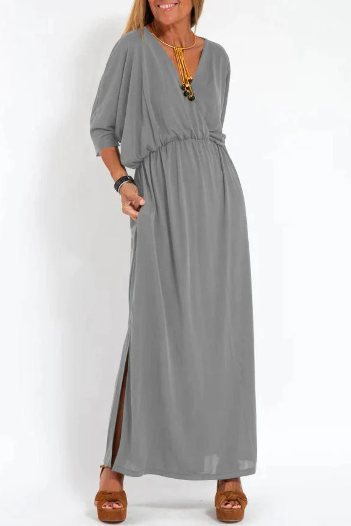 V-Neck Dress with High Waist and Side Slit