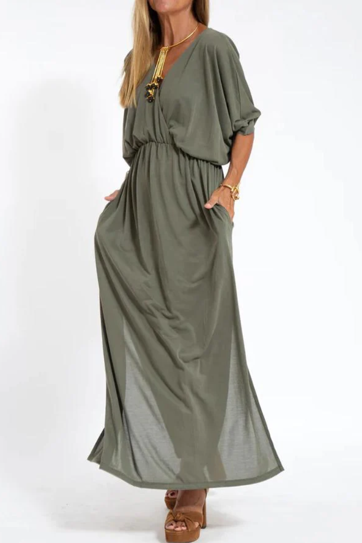 V-Neck Dress with High Waist and Side Slit