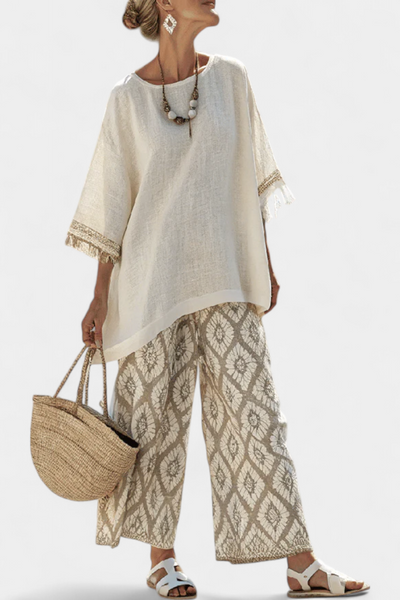 Complete Boho Chic Daisy: Long Shirt and Printed Trousers for a Unique Style