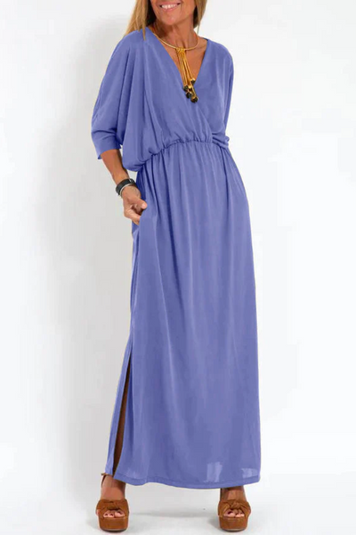 V-Neck Dress with High Waist and Side Slit