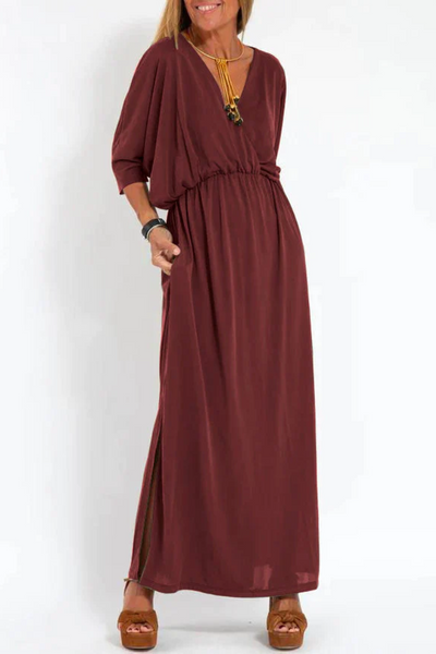 V-Neck Dress with High Waist and Side Slit