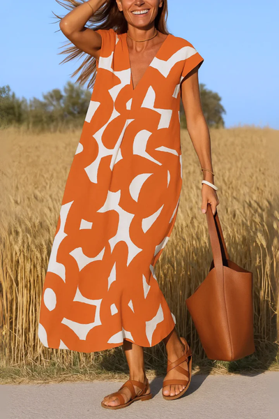 Elegant Long V-Neck Summer Dress with Print