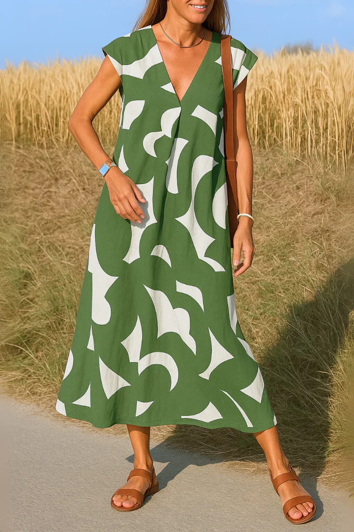Elegant Long V-Neck Summer Dress with Print