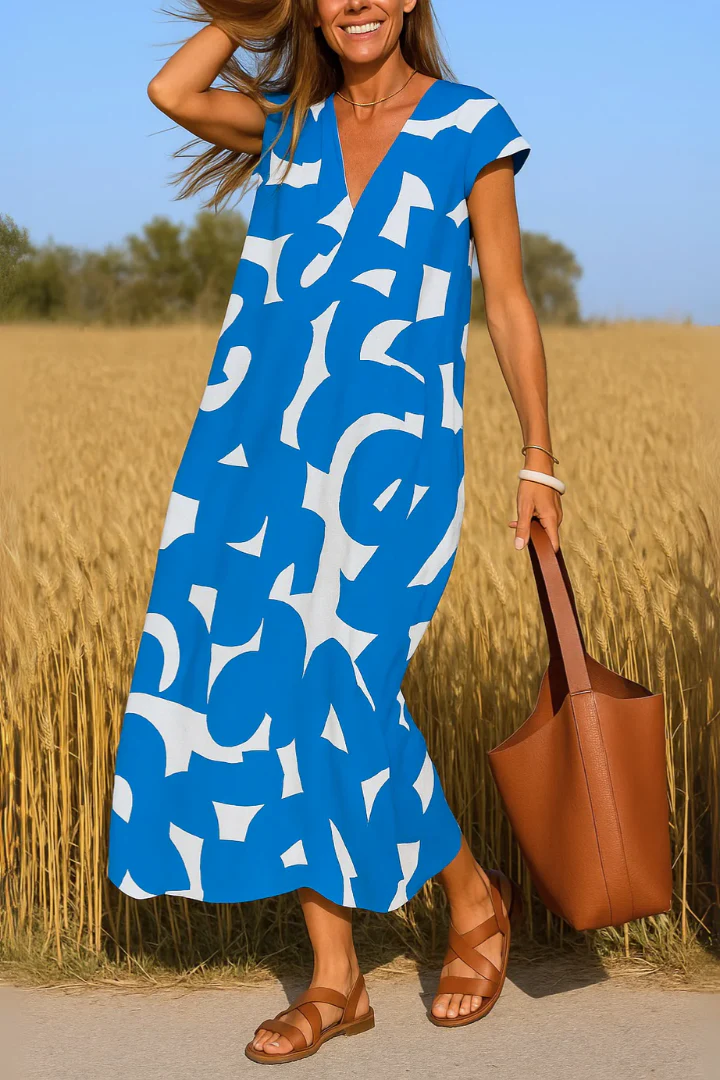 Elegant Long V-Neck Summer Dress with Print