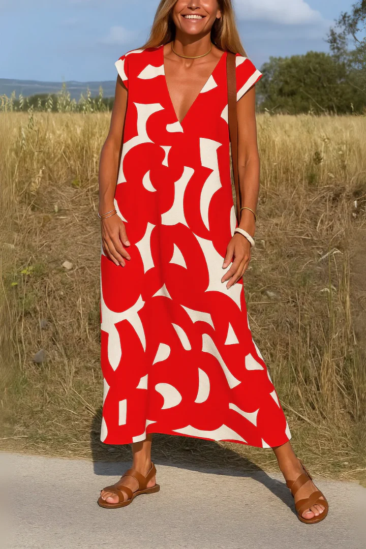 Elegant Long V-Neck Summer Dress with Print