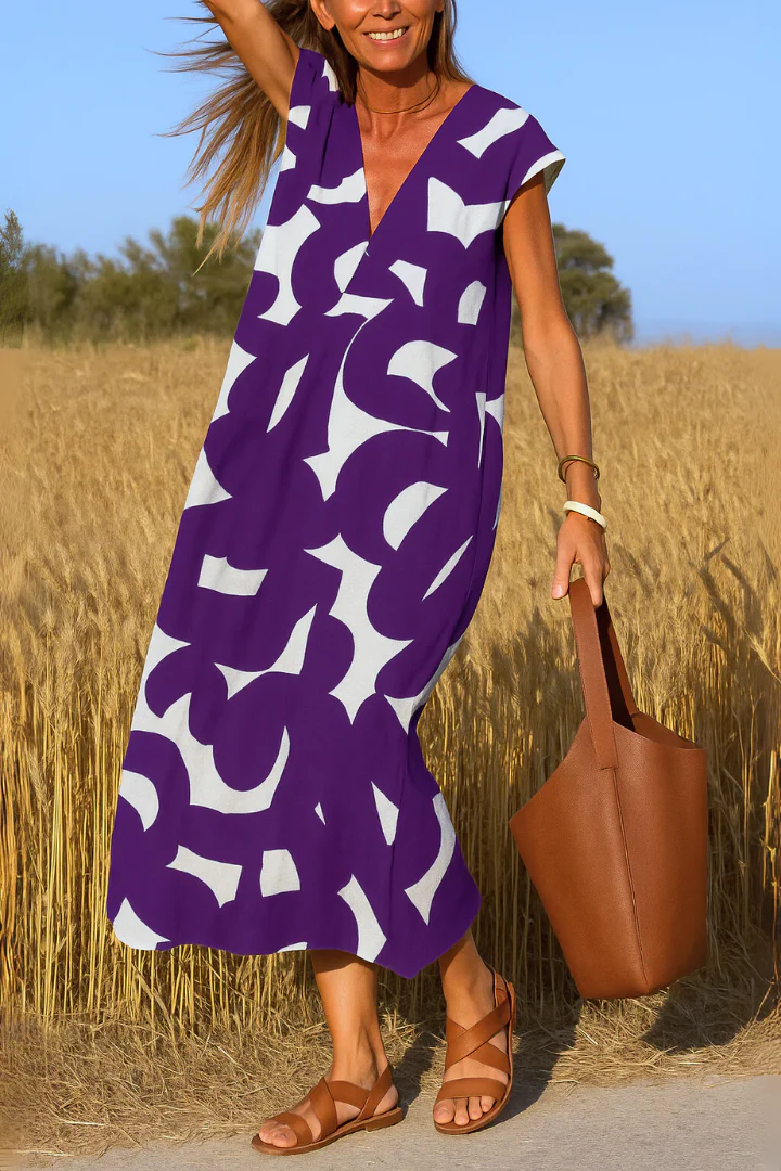 Elegant Long V-Neck Summer Dress with Print