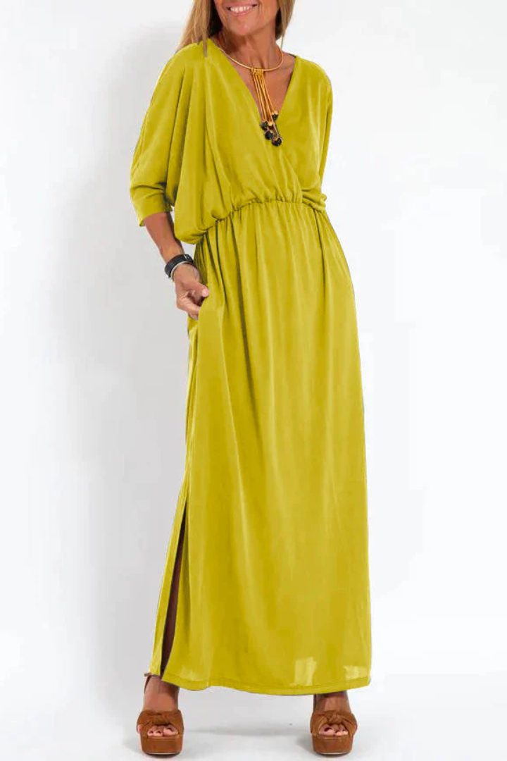 V-Neck Dress with High Waist and Side Slit