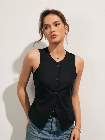 Sleeveless linen blend top with buttons