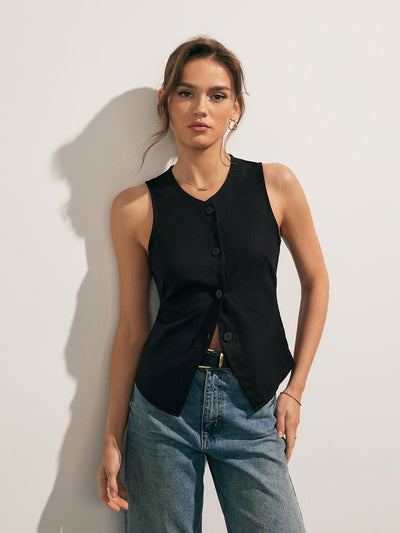 Sleeveless linen blend top with buttons