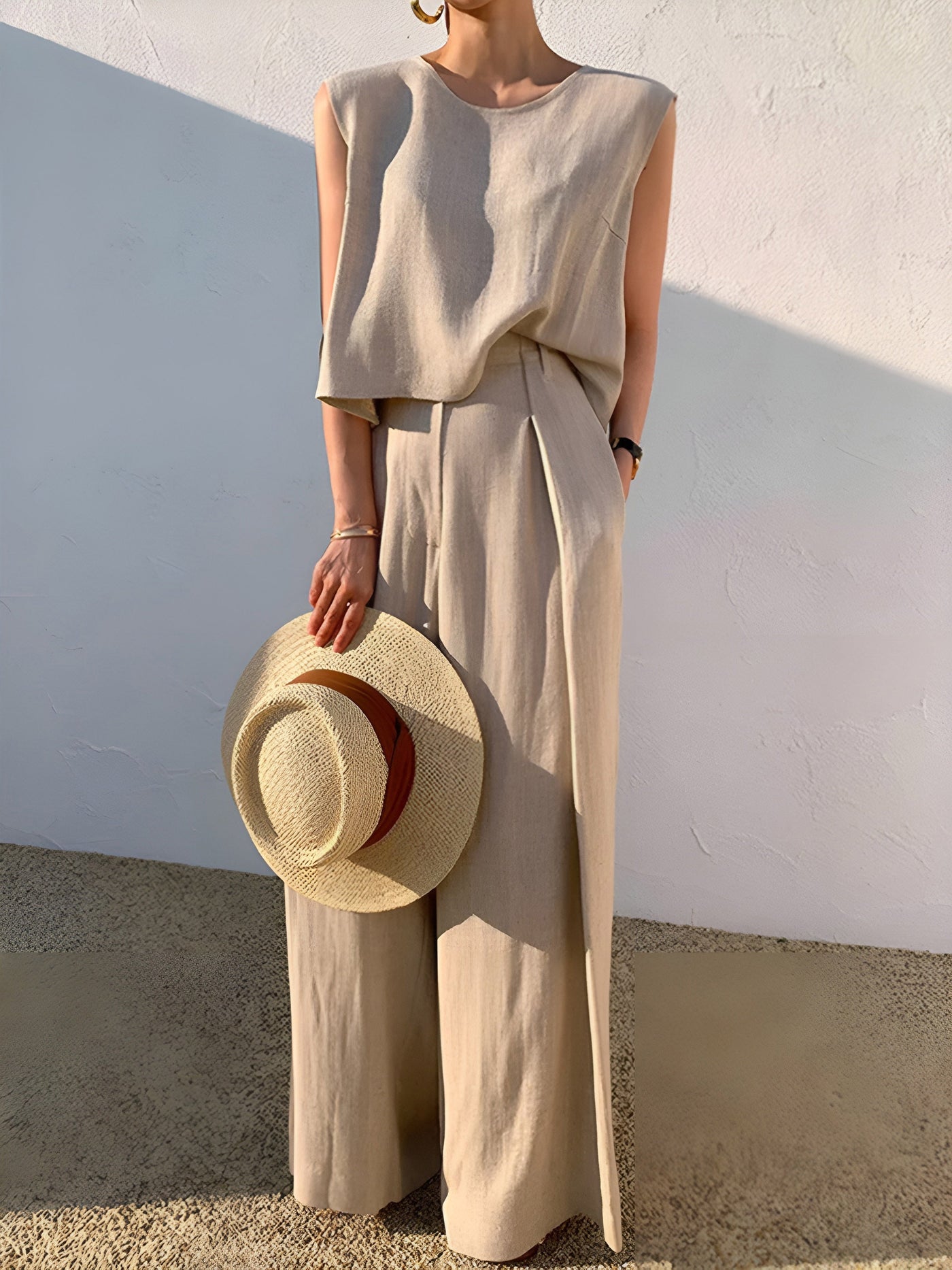 Casual Linen Blend Pants Set