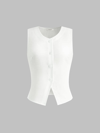 Sleeveless linen blend top with buttons