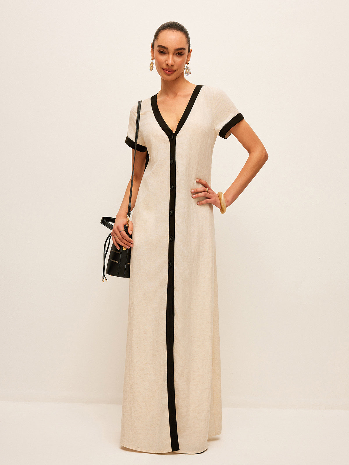 Cotton & Linen High-Slit Contrast Trim Dress