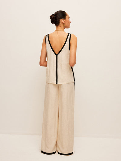 Cotton & Linen Contrast Trim V-Neck Pants Set