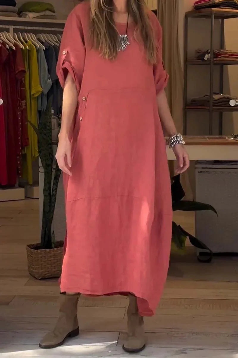 Relaxed Fit Cotton-Linen Midi Dress