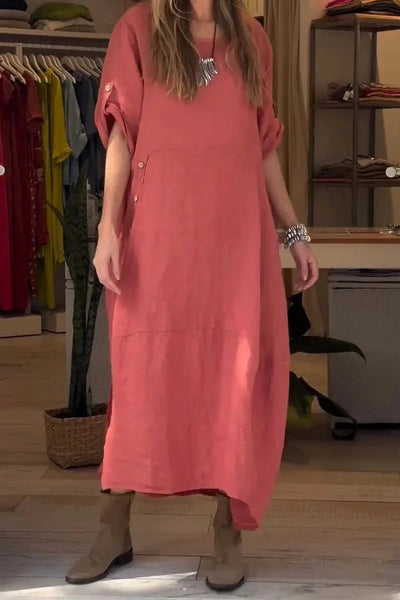 Relaxed Fit Cotton-Linen Midi Dress