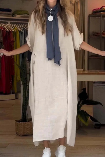 Relaxed Fit Cotton-Linen Midi Dress