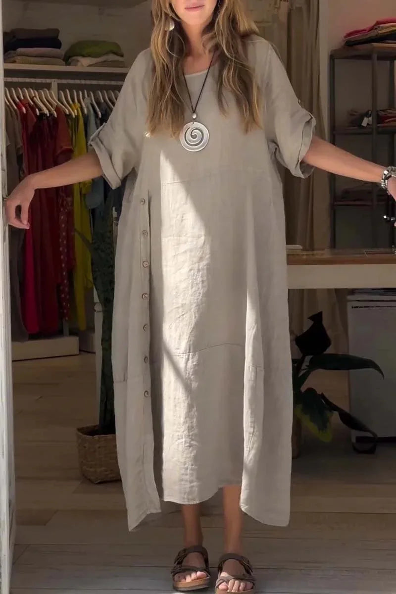 Relaxed Fit Cotton-Linen Midi Dress