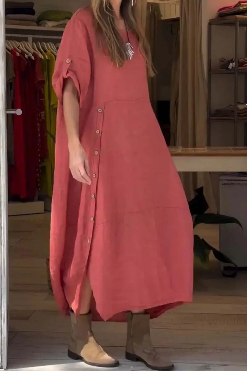 Relaxed Fit Cotton-Linen Midi Dress