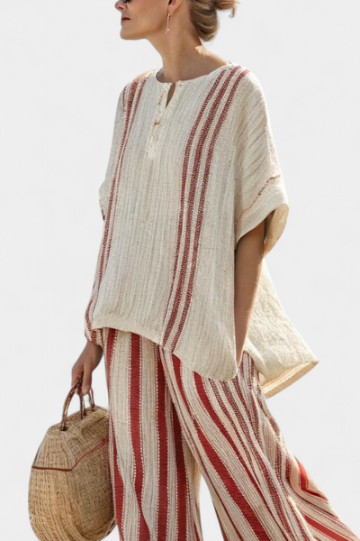 Complete Elegant Two-Piece Daisy with Red Stripes in Natural Texture