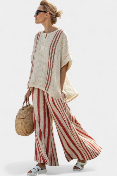Complete Elegant Two-Piece Daisy with Red Stripes in Natural Texture