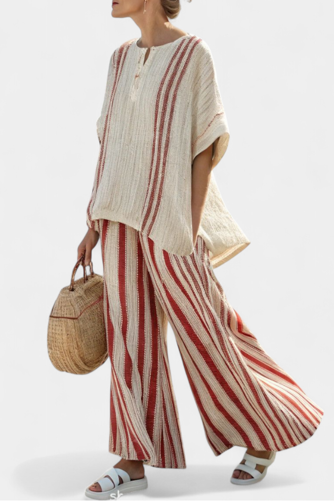 Complete Elegant Two-Piece Daisy with Red Stripes in Natural Texture